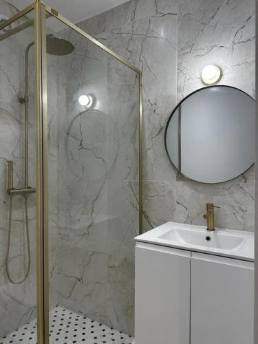 une salle de bain avec une douche, un lavabo et un miroir dans l'établissement Le Gaveau, à Amiens