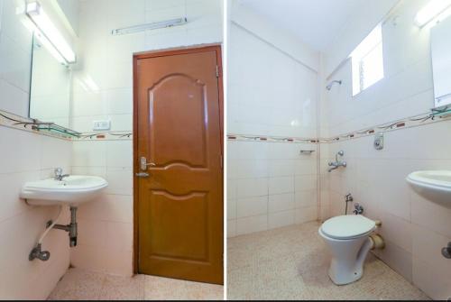two pictures of a bathroom with a toilet and a sink at Hotel City Garden in Madgaon