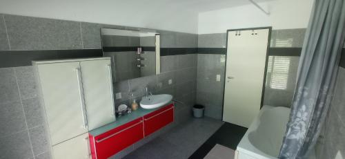 uma casa de banho com um lavatório vermelho e um espelho. em 33 em Cadenazzo