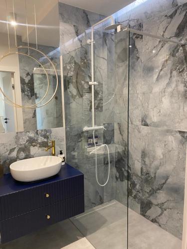 een badkamer met een wastafel en een glazen douche bij Apartament PORTO in Gdańsk
