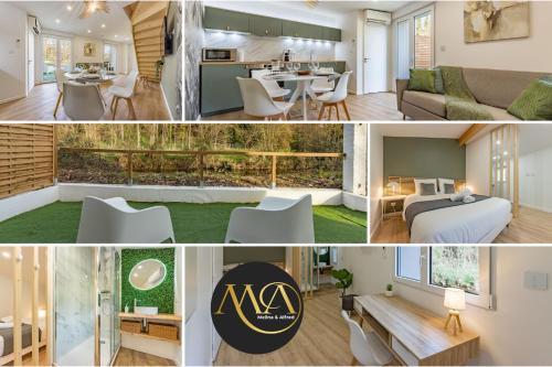 eine Collage mit Fotos von einem Wohnzimmer und einer Küche in der Unterkunft Le Green Duplex - Clim - Parking - Netflix - Melina & Alfred in Auterive