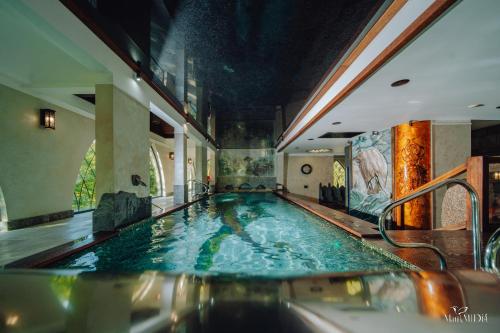 a large swimming pool with green water in a house at Norweska Dolina Family&Pet-friendly Resort in Szklarska Poręba