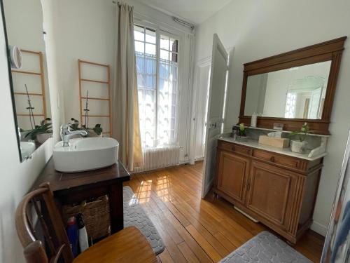 La salle de bains est pourvue d'un lavabo et d'un miroir. dans l'établissement Chez Hélène, calme et verdure au centre historique, à Vincennes