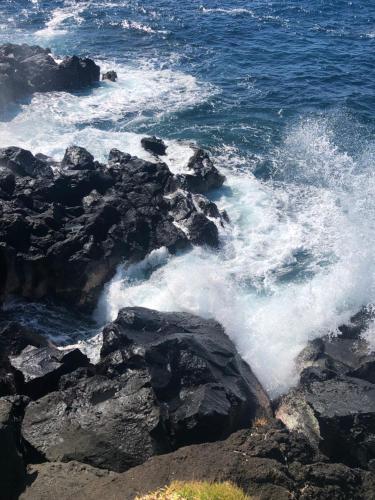 a view of the ocean with waves crashing on the rocks at Location Villa pleine Nature Domaine des Radiers in Sainte-Rose
