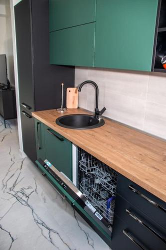 a kitchen counter with a sink and a dishwasher at Apartmani Kac in Karlovac