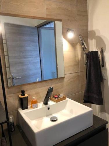 une salle de bain avec un lavabo blanc et un miroir dans l'établissement Nouveau ! pleine nature et vue mer au Lavandou, au Lavandou
