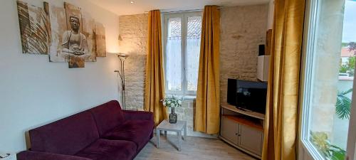 een woonkamer met een paarse bank en een tv bij Le Cosyhome Michelais I SPA extérieur & Netflix in Saint-Michel-le-Cloucq