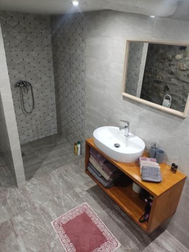 a bathroom with a sink and a shower at Κτήμα Μύλος (Κτήμα στη Φύση) in Agrinio