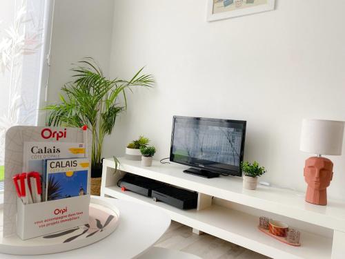 ein Wohnzimmer mit einem TV auf einem weißen Regal in der Unterkunft Le Vauban in Calais