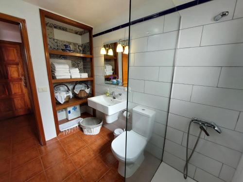 een badkamer met een toilet, een wastafel en een douche bij Eloína in Barlovento