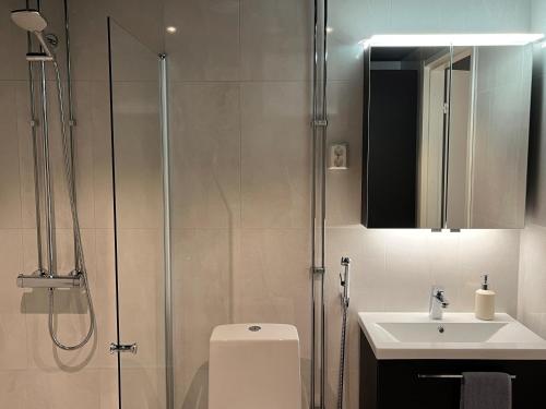 e bagno con doccia, servizi igienici e lavandino. di Tikka Apartments a Jyväskylä