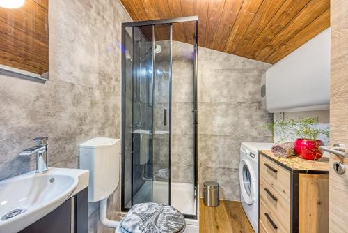 ein Bad mit einer Dusche und einem Waschbecken in der Unterkunft Holiday Home Carpe Diem in Jastrebarsko