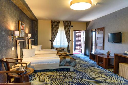 a hotel room with a bed and a television at Hotel Stefani in Sibiu