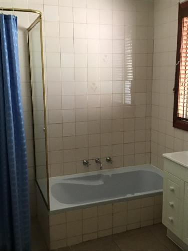 y baño con bañera y cortina de ducha azul. en Travellers Rest Motel, en Mundaring