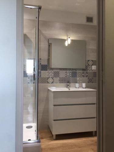 a bathroom with a shower and a sink and a mirror at Appt 4 chambres avec balcon, Spinelle in Ifs