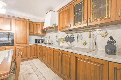 una cucina con armadi in legno e lavandino di Villa Porpora Luxury Design a Modena