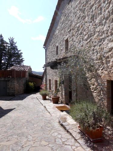 San SanoにあるB&B Borgolecchi , Lecchi in Chiantiの鉢植えの古い石造りの建物