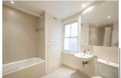 baño con lavabo y aseo y ventana en Luxury Flat in the heart of South London, en Londres