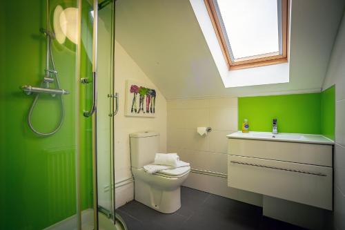 zieloną łazienkę z toaletą i umywalką w obiekcie Kirkstone Lodge w mieście Insh