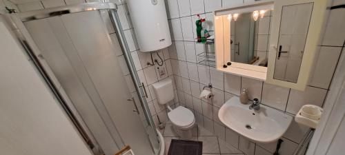 La petite salle de bains est pourvue de toilettes et d'un lavabo. dans l'établissement Stone House with garden Laganini, à Zlarin