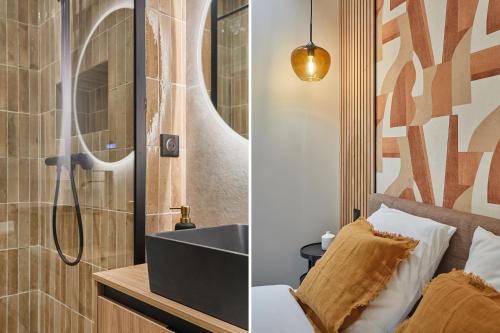 y baño con ducha y lavamanos. en Apartment Montmartre by Studio prestige, en París