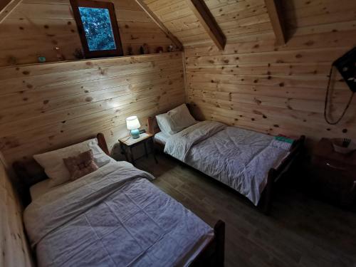 two beds in a room with wooden walls at Bungalov Živković in Mojkovac
