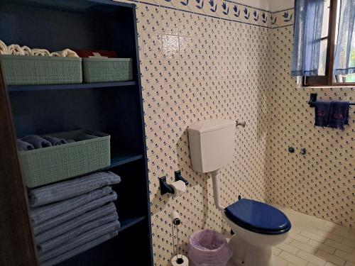 La salle de bains est pourvue de toilettes bleues et de serviettes. dans l'établissement Traquility at Villa Fonte Coberta, à Lagos