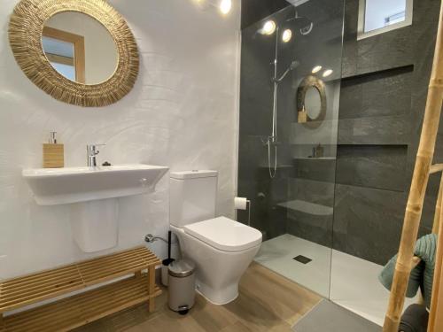 een badkamer met een toilet, een wastafel en een spiegel bij Casa de La Maceta in Frontera