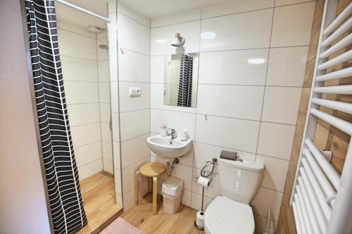 ein kleines Bad mit WC und Waschbecken in der Unterkunft Astoria Lednice in Lednice
