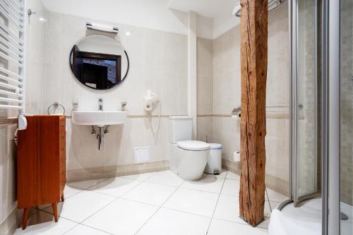 a bathroom with a toilet and a sink and a mirror at Burbiskio dvaras in Anykščiai