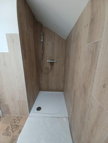 La salle de bains est pourvue d'une douche et d'un mur en bois. dans l'établissement Magnifique appartement rénové en Centre Ville, à Soulac-sur-Mer