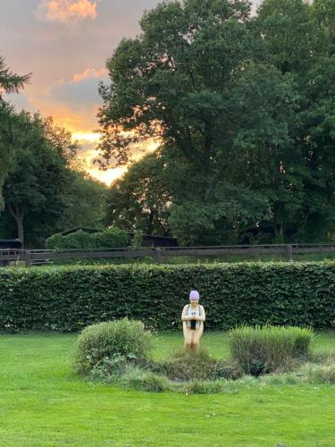 a person sitting on a statue in the grass at Huck’s Ferienhäuser in Borstel