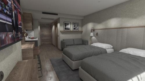 uma representação de um quarto de hotel com duas camas e uma televisão em Seatown Residence Trabzon em Yomra
