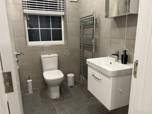 埃奇韋爾的住宿－1 bed high quality modern flat，一间带卫生间、水槽和窗户的浴室