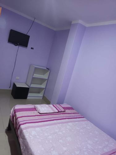 um quarto com uma cama e uma televisão na parede em HOSPEDAJE NELLY em Puerto Chicama