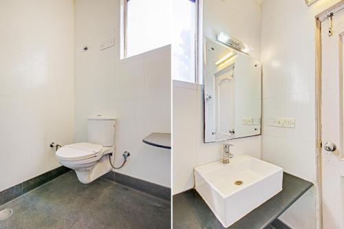 two pictures of a bathroom with a toilet and a sink at OYO Flagship 80806 Hotel Perfect Inn in New Delhi