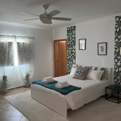 a bedroom with a bed with a ceiling fan at Moinhos do Guadiana in Pedrógão
