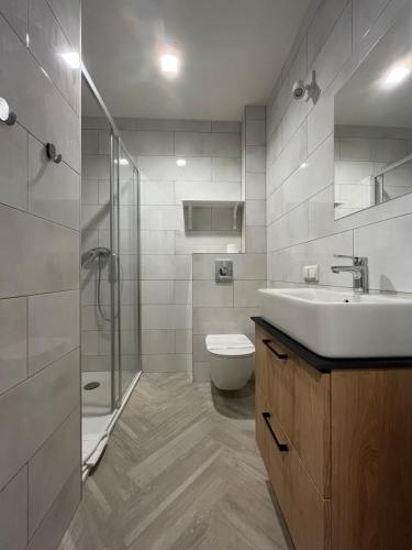 La salle de bains est pourvue d'un lavabo, d'une douche et de toilettes. dans l'établissement Studia LubHotel, à Lublin