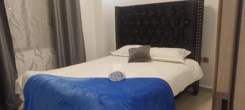a bedroom with a large bed with a black headboard at City Haven Accommodation-Two bedroom Apartment in Nairobi