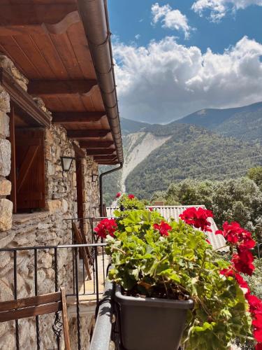 a balcony with red flowers on a house at Casa Moline Apartamentos Rurales in Aneto