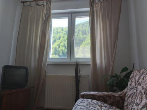 1 dormitorio con ventana, TV y silla en Apartment Valea Azugii, en Azuga