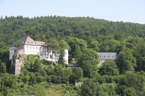 a castle on top of a hill with trees at Pension / Ferienwohnung Allebrodt in Lennestadt