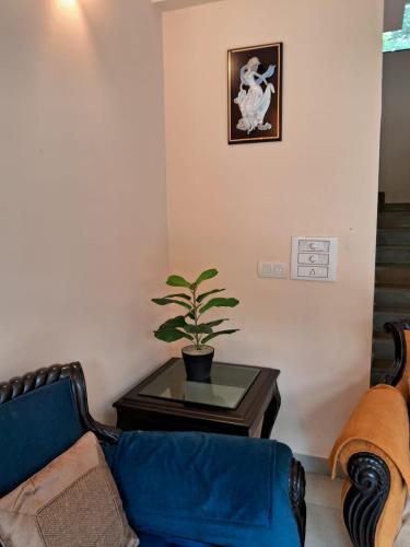 a living room with a blue couch and a table with a plant at Luxury Villa Ganga Kutir in Raichak