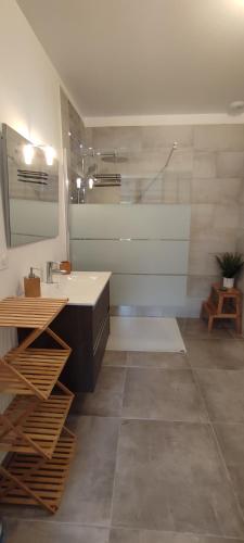 une salle de bain avec un lavabo et un miroir dans l'établissement Maison récente avec jardin., à Plourhan