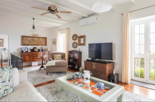 uma sala de estar com um sofá e uma televisão em Quinta Belmonte Funchal no Funchal