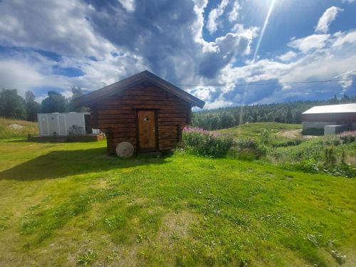um pequeno galpão de madeira num campo de relva em small camping cabbin with bathroom near by em Hattfjelldal