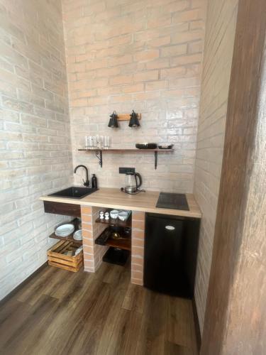 a small kitchen with a sink and a counter at Apartmány v Podzámčí v blízkosti zámku Blatná in Blatná