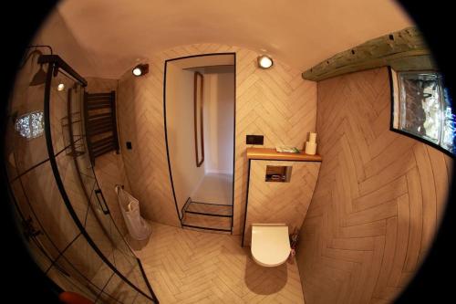 ein kleines Badezimmer mit Toilette und Spiegel in der Unterkunft Oak House in Świebodzin