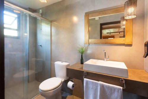 a bathroom with a toilet and a sink and a shower at Casa no Campo Caminho do Salto in Farroupilha