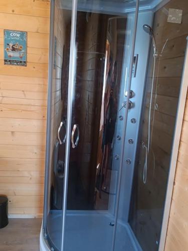 a shower in a bathroom with a glass door at Casa da MareRia in Gafanha da Boa Hora